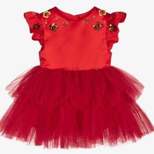 LE MU Baby Girl Designer Red Satin Jewel Tulle Dress, Christmas Dress, 24M
